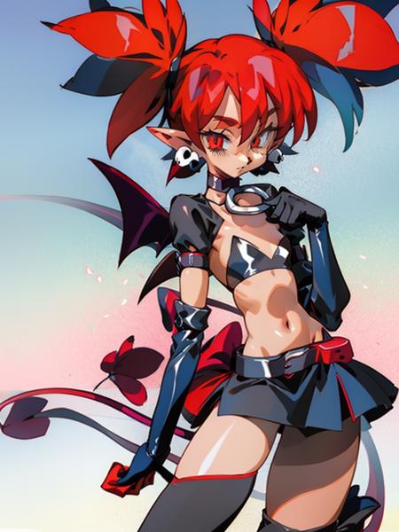 <lora:viper:1><lora:disgaea:1>etna, red eyes, red hair, twintails, demon girl, demon tail, demon wings, flat chest, skinny, arm belt, choker, elbow gloves, black microskirt, thigh boots, skull earrings, masterpiece, best quality