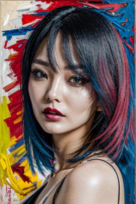 <lora:CodeMiko-000014:1>  Codemiko, Korean woman, black hair,
upper body, beauty photography of mature woman, 27 years old, (abstract art:1.4), hate AND love, lust, eerie eyes, dark and bright theme, horror, visually stunning, beautiful, gorgeous, emotional, intricate, perferct shading, chiaroscuro lighting, overexposed, detailed skin, skin blemish, sharp focus, shot on Porta 160, in the style of (Jean-Paul Riopelle:1.4),