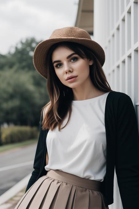 (best quality, masterpiece),<lora:misscoookiezv1:1>
Russian girl,  solo, long hair, looking at viewer, skirt, simple background, shirt, blone hair, long sleeves, hat, brown eyes, pleated skirt, black skirt, lips, head tilt, black shirt, black headwear, realistic,<lora:FilmVelvia2:0.35>
, 8k uhd, dslr, soft lighting, high quality, film grain, Fujifilm XT3