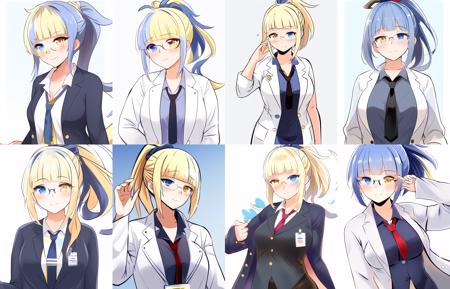 masterpiece, best quality, paisonchan, 1girl, solo, heterochromia, yellow eye, blue eye, multicolored hair, (split-color hair:1.4), blue hair, (blonde hair:0.80), blunt bangs, ponytail, glasses, labcoat, necktie, office lady,  <lora:paison-chan_2700-step_30-epoch:0.9>