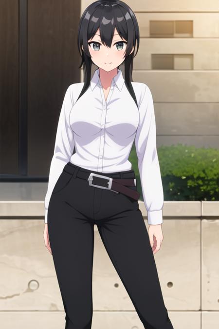 ((masterpiece, best quality)),1girl,standing,indoors,medium breasts,belt, elna stongs, elna, ore dake haireru, belt_buckle, black_hair, black_pants, long_sleeves, looking_at_viewer, outdoors, pants,standing, white_shirt, <lora:elnamix:0.75>