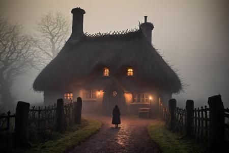 , a path leads past a small enchanted medieval cottage made of clay with a thatched roof through a dark mystical oak forest on which a silhouette of a person in the middle distance, a small candle mounted next to the door lights up. an old twisted fence surrounds the building. darkness:6.0), midnight, mist rolls in, dark smoke rises from the chimney, in the thick fog,spooky, scary, horror, mystical, creepy,