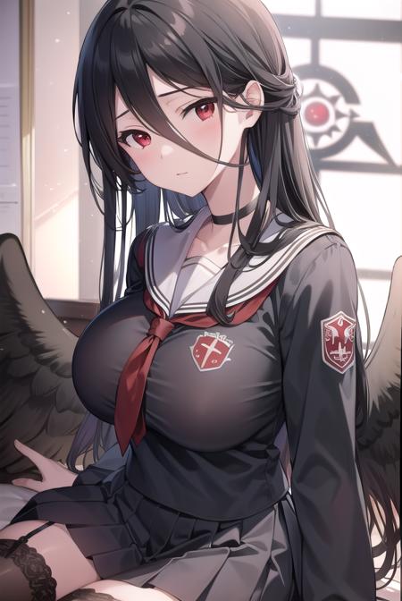 bluearchivehasumi, <lyco:hasumi-lyco-nochekaiser:1>, 
hasumi, black hair, hair between eyes, long hair, mole, mole on breast, mole under eye, (red eyes:1.5), wings, black wings, low wings, feathered wings, (large breast:1.2),
BREAK black choker, black serafuku, black skirt, black thighhighs, garter straps, long sleeves, pleated skirt, school uniform, serafuku, side slit, skirt, thighhighs, white collar, whie sailor collar,
BREAK looking at viewer, 
BREAK indoors, classroom,
BREAK <lyco:GoodHands-beta2:1>, (masterpiece:1.2), best quality, high resolution, unity 8k wallpaper, (illustration:0.8), (beautiful detailed eyes:1.6), extremely detailed face, perfect lighting, extremely detailed CG, (perfect hands, perfect anatomy),