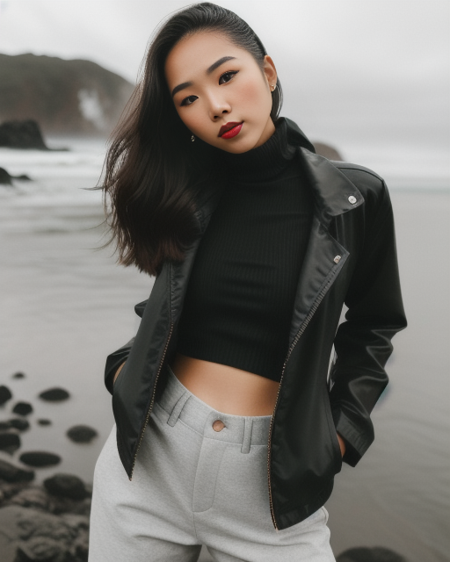 photo of young woman in black clothes,  half body, body, red lip, high detailed skin, skin pores, coastline, overcast weather, wind, waves, 8k uhd, dslr, soft lighting, high quality, film grain, Fujifilm XT3