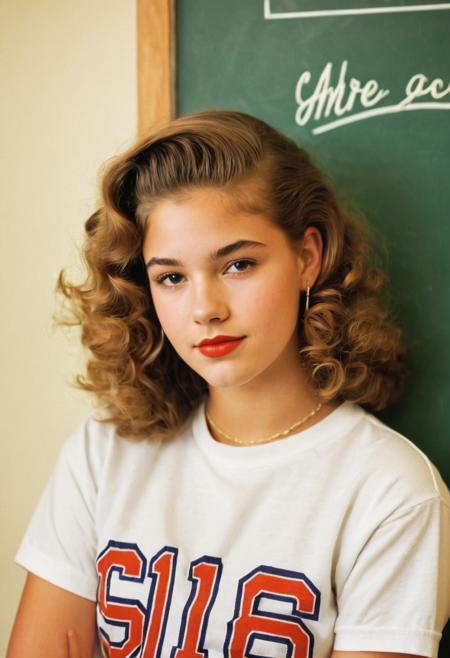 raw photo, half body, 1girl, typical american teen 90's, american movie 90, retro classroom decor, high school campus vibe