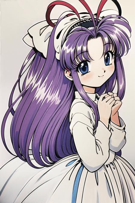 Shaorin, 1girl, solo, long hair, purple hair, own hands together, dress, own hands clasped, ribbon, smile, bow, long sleeves, hair ribbon, white dress, 1990s (style), forehead mark, blue eyes, antenna hair, simple background, facial mark, hair bow, retro artstyle,<lora:Minene Sakurano:0.8>