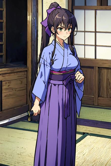 masterpiece, best quality, ichijou aoi, ponytail, purple kimono, hair bow, furrowed brow, serious, large breasts, japanese architecture, standing, holding, holding weapon, KatanaOneHand, furrowed brow, serious <lora:ichijouaoi-nvwls-v2-000012:0.9> <lora:UnlimitedBladeWorksV1:0.7>