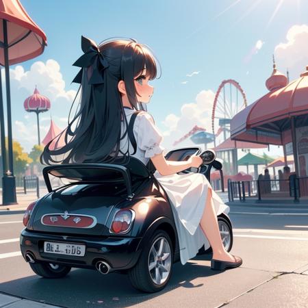 mini car from behind looking viewer ground of amusement park hand on steering wheel cute little dress