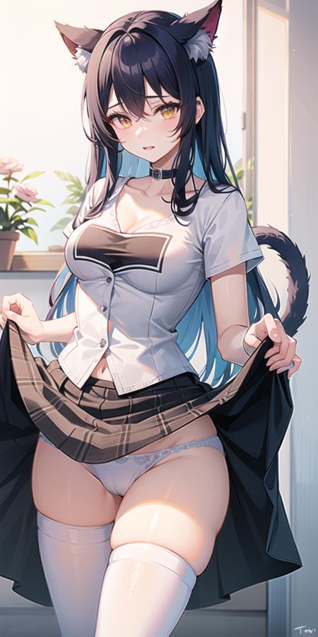 masterpiece,1girl, ((medium breasts)),Blue hair,yellow eyes, mature female, holding sickle, cat_ears,cat tail,cat girl,slit_pupils,t-shirt, skirt, white legwear, clubroom,spring,open coat, skirt lift, white panties,