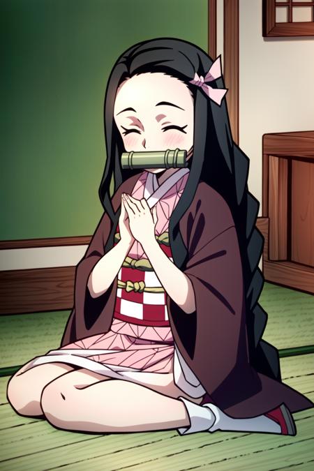 Nezuko Kamado, 1girl, kamado nezuko, breasts, long hair, japanese clothes, black hair, pink eyes, smile, closed mouth, kimono, solo, sharp fingernails, ribbon, medium breast, fingernails, slit pupils, hair ribbon, pink ribbon, looking at viewer, pink kimono, cleavage, retro artstyle