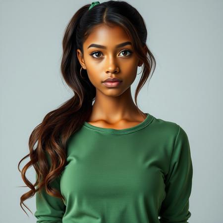 1girl, realistic, realistic photography, professional photography, photo from head to stomach, formal pose, facing towards the camera, head not out of frame, a 20 year old girl, light brown skin, height 155cm, chest circumference 68cm, lower chest circumference 63cm, round chest shape, stomach circumference 63cm, waist circumference 63cm, upper hip circumference 65cm, hip circumference 63cm, round face, slight chin slit, small ears, straight nose, bow shaped lips, round eyes, green eyes, thick straight eyebrows with a slight gentle curve, very long hair touching the hips, slightly wavy black hair slightly reddish, hair combed back, hair tied in a ponytail, only 1 ponytail, no front bangs, no side bangs, no fringe, dark green hair tie, wearing a long sleeved cotton t-shirt without buttons with an o neck collar, t-shirt covering up to the ankles, green t-shirt, wearing green stilettos, no make-up face, wearing a pair of gold earrings, wearing a gold necklace, not wearing a ring, not wearing a bracelet, no blush on the nose, no blush on the cheeks, no blush on the face, white wall background, professional photo studio lighting, accurate anatomy, detailed anatomy, realistic anatomy, detailed skin texture, realistic skin texture, detailed skin pores, realistic skin pores, detailed face, realistic face,