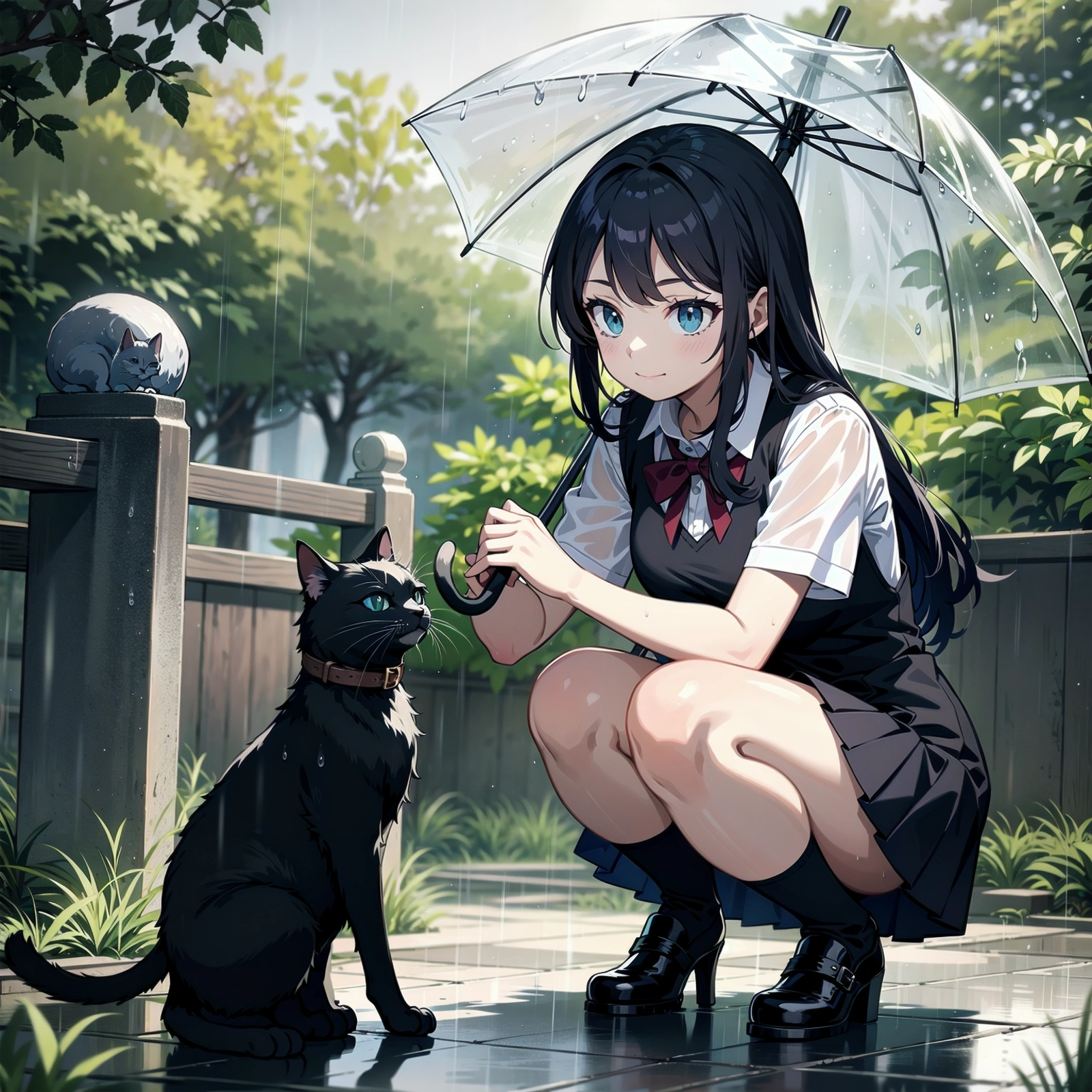 A girl holding an umbrella and petting a cat in the rain.