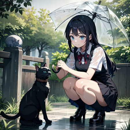 cute girl and cat. cute clothes, skirt, squatting, torrential rain, umbrella