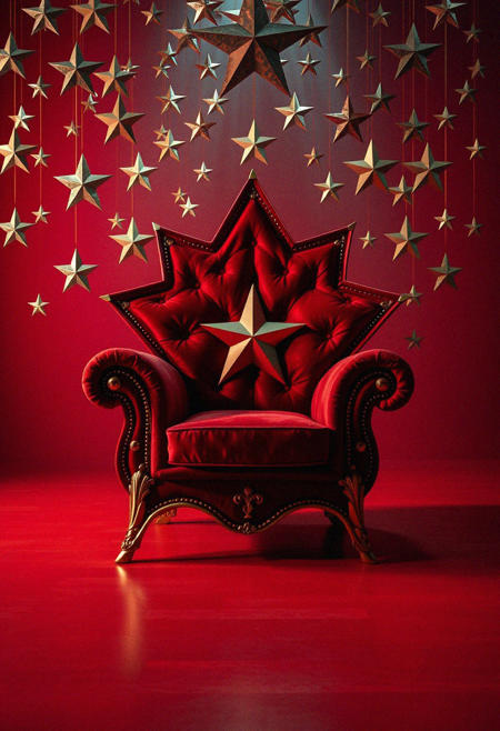 red armchair, red background, red floor, designer armchair, armchair in the shape of the star, the main color of the armchair is dark red, the elements of the armchair are gold-brass, studio shooting, shot for a design magazine,in the background there are stars of different sizes, front view, epic photo, Art Nouveau, Art Deco, super unusual star shaped chair, chair in the style of the throne from game of thrones, but instead of swords stars, highly detailed portrait, high quality, 34K uhd, masterpiece, high detail, 8k, intricate, detailed, high resolution, high res, high quality, photorealism, highly detailed, Extremely high-resolution details, fine texture