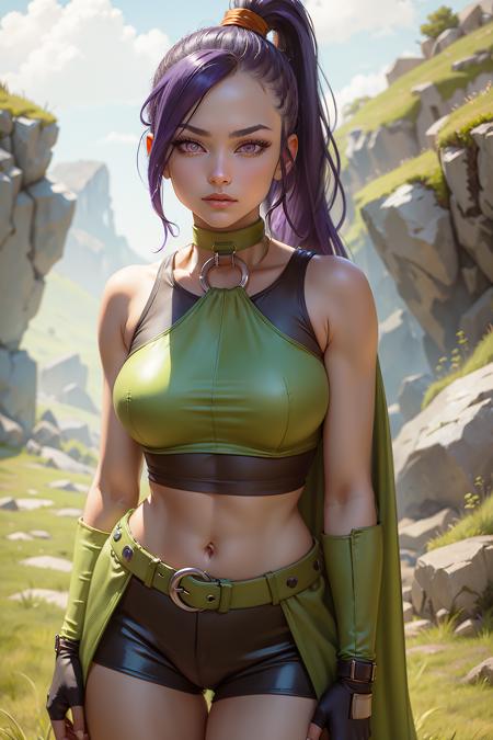 masterpiece, best quality, martina, purple eyes, purple hair, very long hair, ponytail, hair scrunchie, green choker, o-ring top, tank top, sleeveless, fingerless gloves, green gloves, waist cape, black shorts, green belt, boots, looking at viewer, outdoors, grass, standing