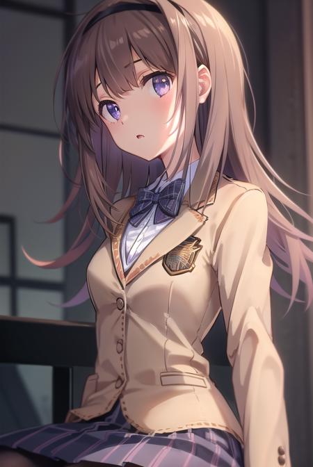 nanaminishijou, <lora:nanaminishijoutest:1>,
nanami nishijou, long hair, brown hair, (purple eyes:1.1), hairband,
BREAK skirt, school uniform, jacket, plaid, black pantyhose, plaid skirt, blazer, (brown jacket:1.2), (brown blazer:1.2),
BREAK looking at viewer,
BREAK indoors, classroom,
BREAK <lora:GoodHands-vanilla:1>, (masterpiece:1.2), best quality, high resolution, unity 8k wallpaper, (illustration:0.8), (beautiful detailed eyes:1.6), extremely detailed face, perfect lighting, extremely detailed CG, (perfect hands, perfect anatomy),