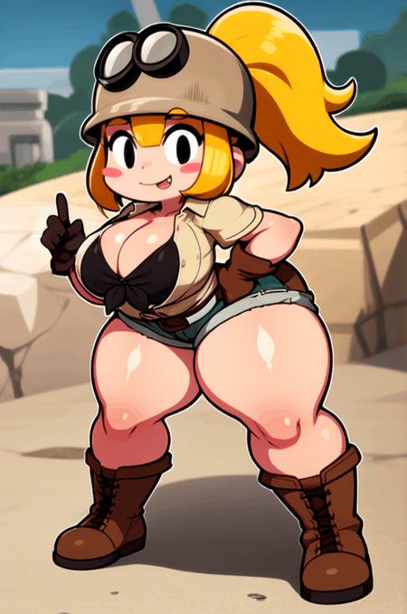 Goombella, mining helmet, blonde hair, ponytail, blush stickers, black eyes, thick eyebrows, short jumpsuit, red tie, short sleeves, brown gloves, zettai ryouiki, wide hips, side locks, brown boots, thick thighs, shortstack, short shorts, large breasts, smile, outdoors, open shirt, black bra, hand on hip