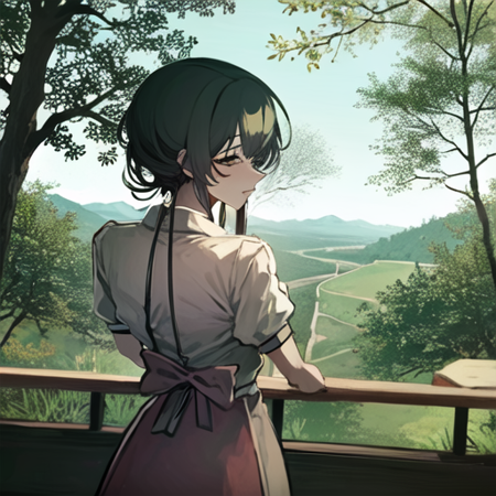 masterpiece, best quality, (cowboy shot), sfw, (masterpiece), (best quality:1.0), (ultra highres:1.0) BREAK 1girl <lora:kuroume1024Lora:1> kuroume_1024 BREAK (cottage in trees, outdoors, gorgeous view)