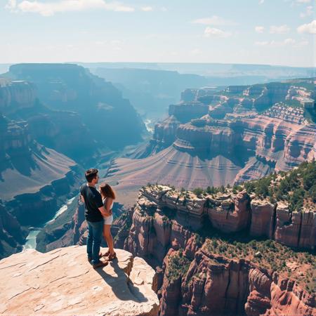 Grand Canyon. Couple standing on arch. Big drop. Couple in love. Comic book style.