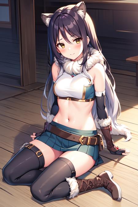 Shiori,
1girl, long hair, boots, thighhighs, midriff, skirt,crop top, quiver, capelet, bare shoulders, thighhighs under boots, bangs, gloves,belt, navel, breasts, fur-trimmed boots, fur trim, vambraces, knee boots, miniskirt, fingerless gloves, blush,