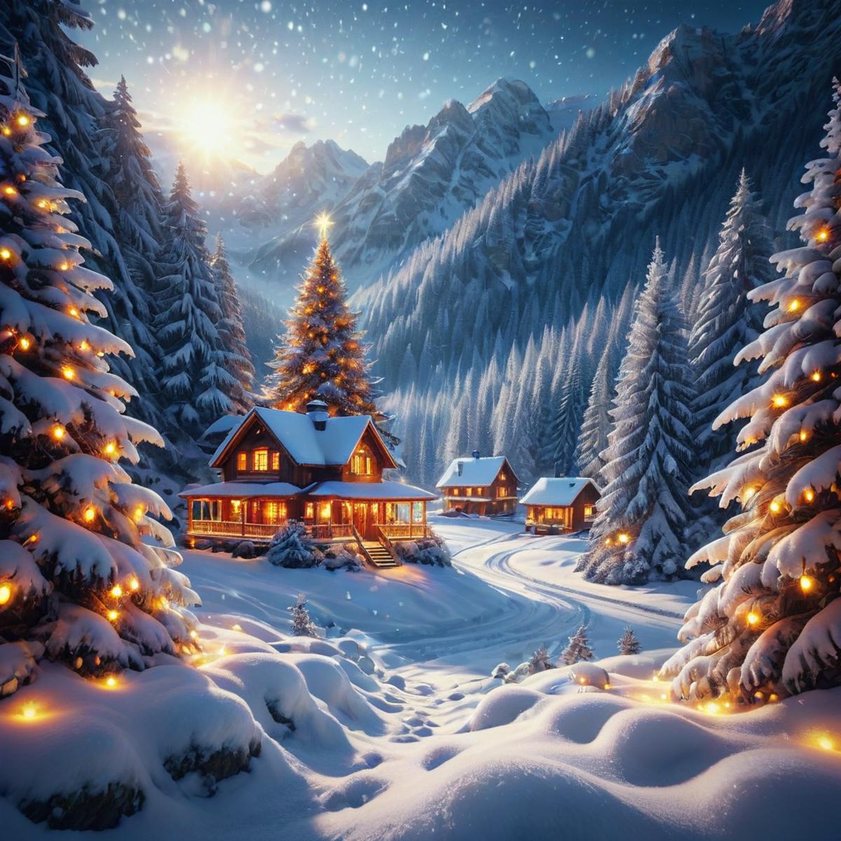 A Snowy Mountain Christmas Scene with Lit-Up Houses and Trees