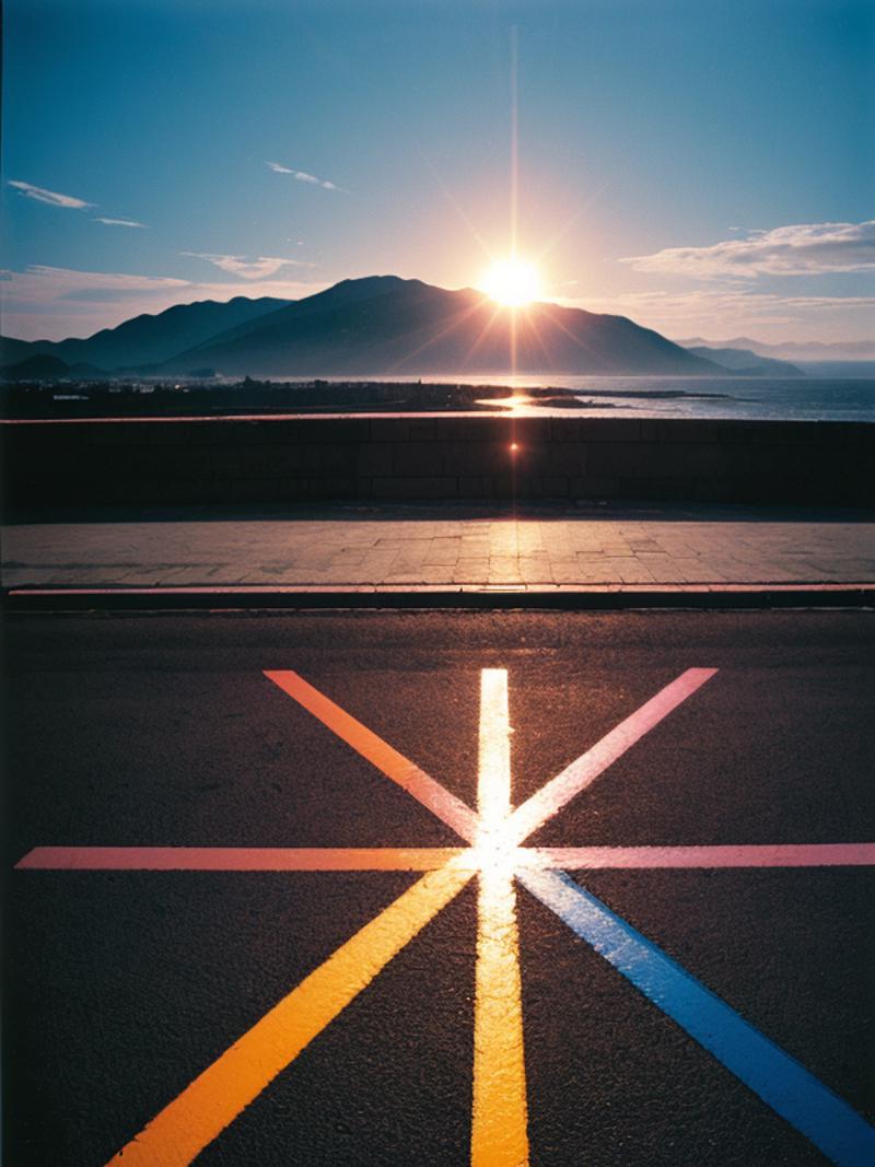A sunset over a body of water with a cross-shaped design on the road.