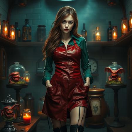 female alchemist, interrogation room, thigh green shirt, red leather apron, pockets, cauldron, dreamlike, gothic, evil creatures in glass jars