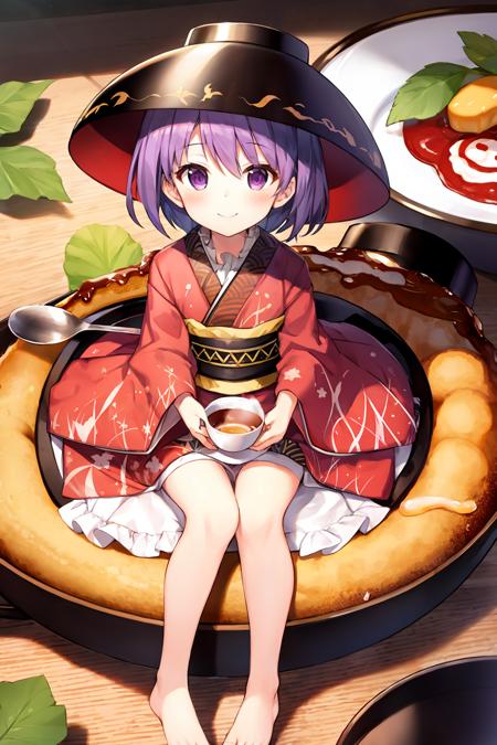 sukuna shinmyoumaru, 1girl,minigirl,bowl hat,ahoge,purple hair, short hair,red eyes,japanese clothes,frilled kimono,obi,sash,long sleeves, wide sleeves, 