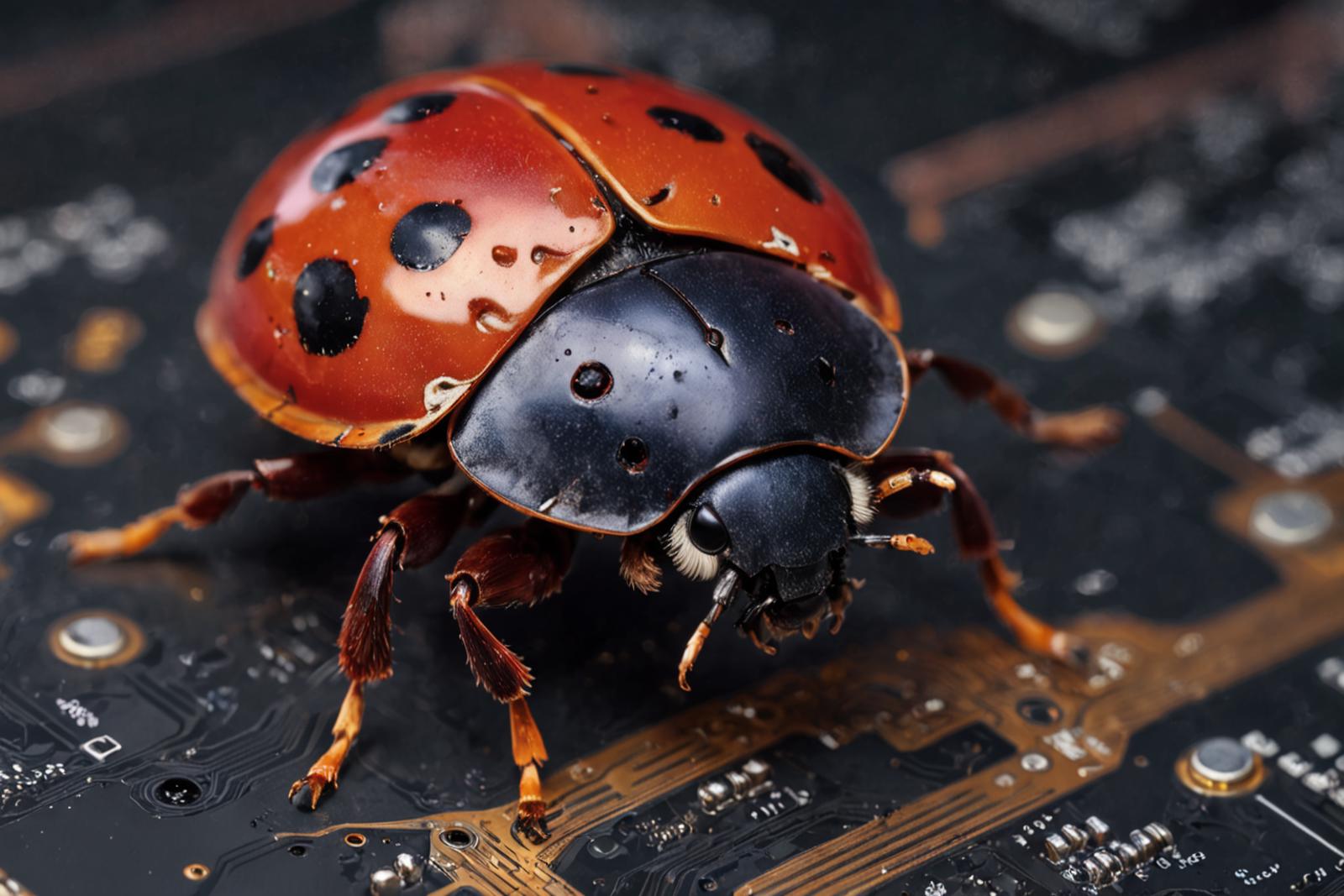 A close-up of a ladybug with black and orange spots.