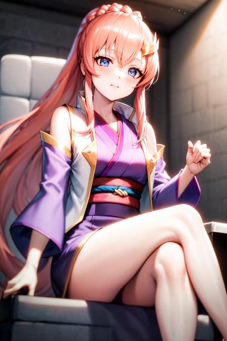 masterpiece, best quality, highres, 1girl lacus clyne pink hair blue eyes, ponytail open clothes vest uniform long sleeves purple sleeves purple kimono japanese clothes <lora:lacus_clyne_anime_remake_white_coat_purple_kimono:1> sitting on chair, crossed legs