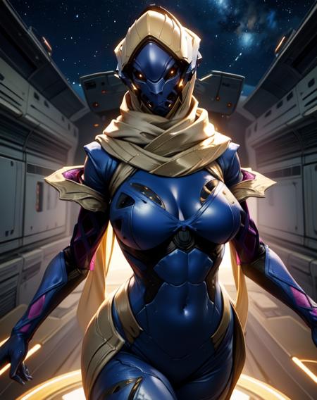 wisp,  skin tight,  cleavage,   helmet, 
floating,  
 upper body,  navel,  scarf, 
 spaceship, stars,  
(insanely detailed, masterpiece, best quality)  <lora:wisp-10v6:0.7>