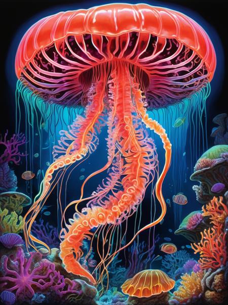 An otherworldly coral reef submerged within the vibrant, phosphorescent heart of a bioluminescent jellyfish. The reef is a microcosm of life, bustling with miniature sea creatures and radiant flora. Depicted in a stunningly vibrant and vivid Fantasy Art style, drawing inspiration from the mesmerizing works of artist H.R. Giger