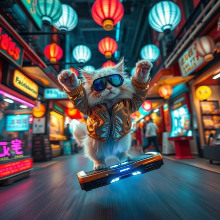 A vibrant, neon-lit scene of a fluffy cat in a shiny jacket and visor goggles zipping through a futuristic street market on a sleek hoverboard. The cat performs a trick mid-air, with one foot extended and the other curled. Market stalls glow with LED signs, and holographic lanterns float overhead. The cat's face shows pure exhilaration, with blurred motion trails highlighting the stunt.