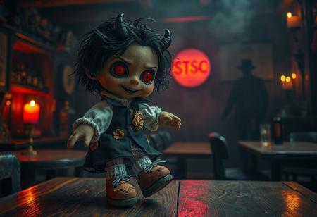 a horror version, of a small fabric plush doll, old male, warm skin, devil like red eyes, empty, black hair with some green lines in it, smiling like death itself, fine black and white clothes with detailed golden roses on it, red old and dirty sneakers, white socks, black knuggle handshoes, i bit gothic style. 
dancing on a wooden table in a old dark tavern, strange warm and red lights, brothel like, a silhouette of a bulky man in the background, on a bar and tables, some drinks and empty whisky bottle, fog, foggy, (big glowing red candly with a black writing "STSC"),
dslr 8k