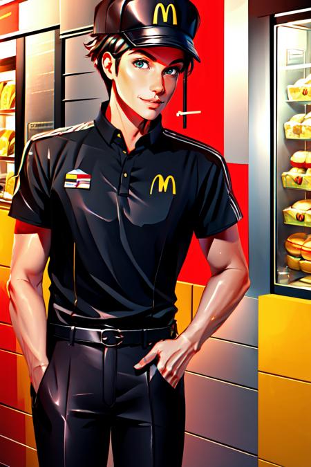 McDonaldsUniform shirt, black shirt, uniform, black pants, pants, cap