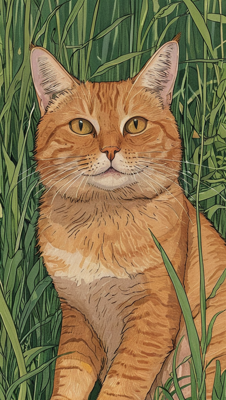 (illustration:1.3), portrait of ochre cat, sitting in large grass, <lora:Exquisite_illustration:1>