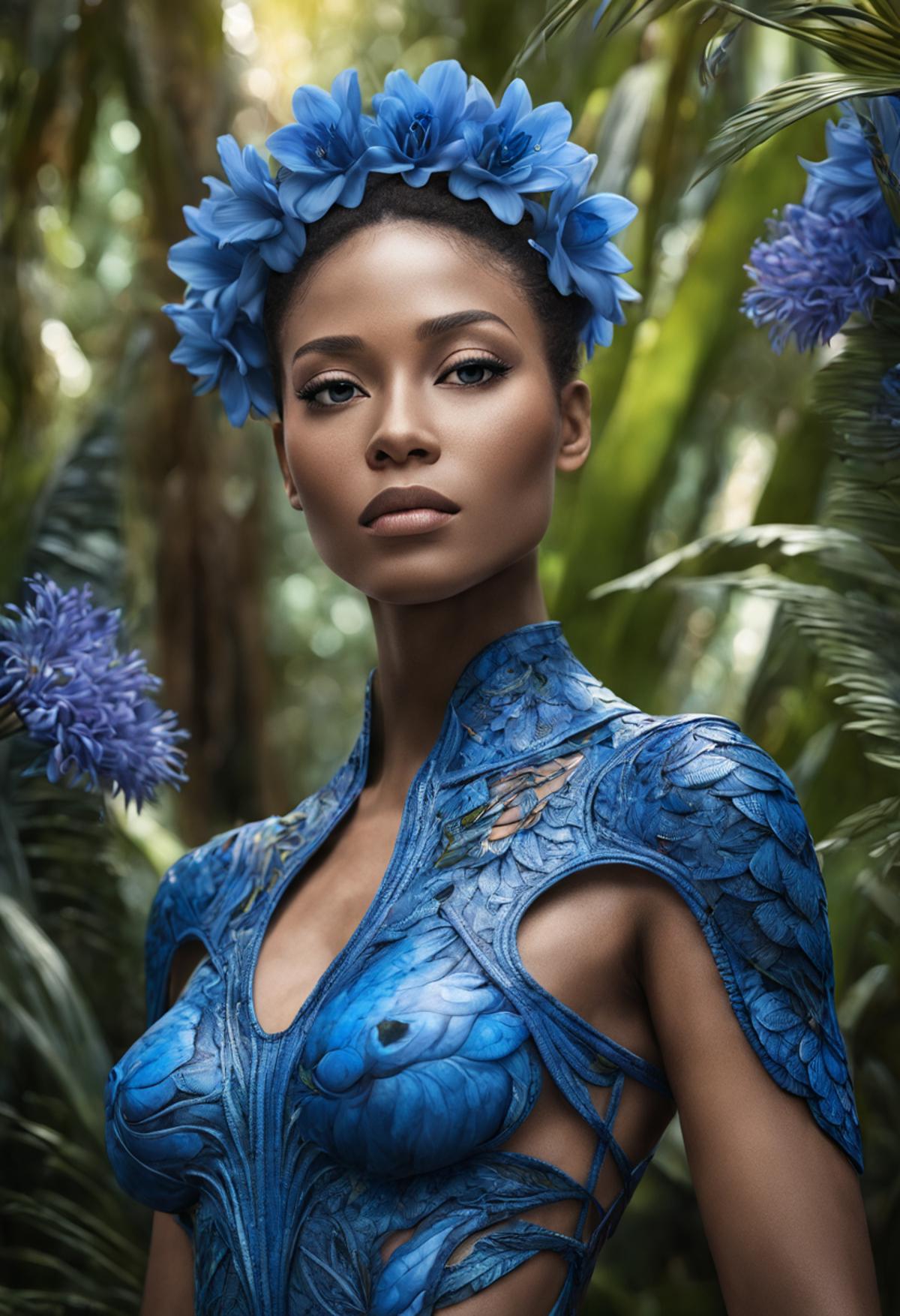 fashion photography portrait of blue human avatar, in blue lush jungle with flowers and birds, 3d render, cgi, symetrical,...