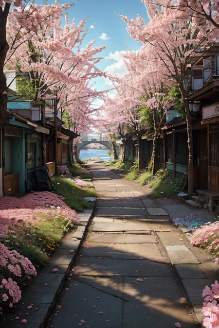 a walkway lined with pink flowers next to a river ,VisionaryVerse , <lora:VisionaryVerse-SD15:0.75>