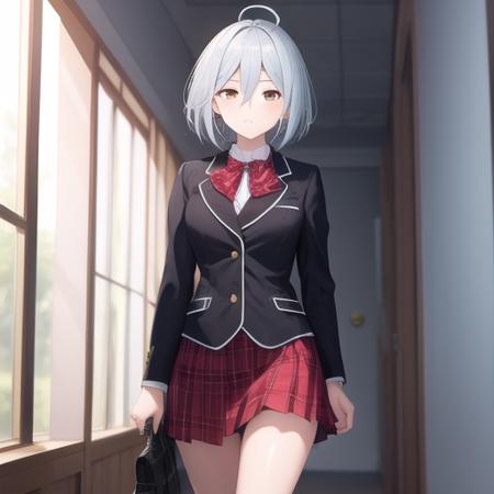 (masterpiece, best quality:1.2),illustration,8k,hd,1girl,solo,cowboy shot,school uniform,ahoge,skirt,looking at viewer,short hair,silver hair,bow,jewelry,jacket,red skirt,ring,pleated skirt,shirt,white shirt,brown eyes,bowtie,black socks,expressionless,red bow,socks,blazer,hair between eyes,<lora:Kannazuki Arin>,