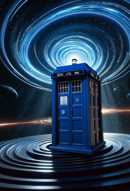 Surrealism, Dark fantasy concept art. A Highly Detailed Rendering of the TARDIS traveling through a wormhole spiraling time, cosmic, rendered in Blender, Fantasy Anime, by Greg Rutkowski, Realistic, Beautiful Lighting, Diffuse, Ray Tracing, Unreal Engine, 8k