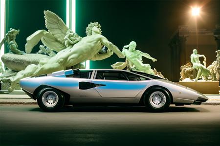 analog gloomy photo of an iridescent silver Lamborghini Countach car,  <lora:c0unt4ch:0.9>, ((at night)), in a photography studio, ((greek sculptures in the background:1.3)), (neon lights), (vaporwave), retrowave, (outrun), (cyberpunk), (laser beams), futuristic, magical, surreal, dreamy, High Detail, Sharp focus, (photorealism), realistic, best quality, 8k, award winning, dramatic lighting, epic, cinematic, masterpiece, rim light, ambient fog:1.5, dutch angle, wide angle lens, ,