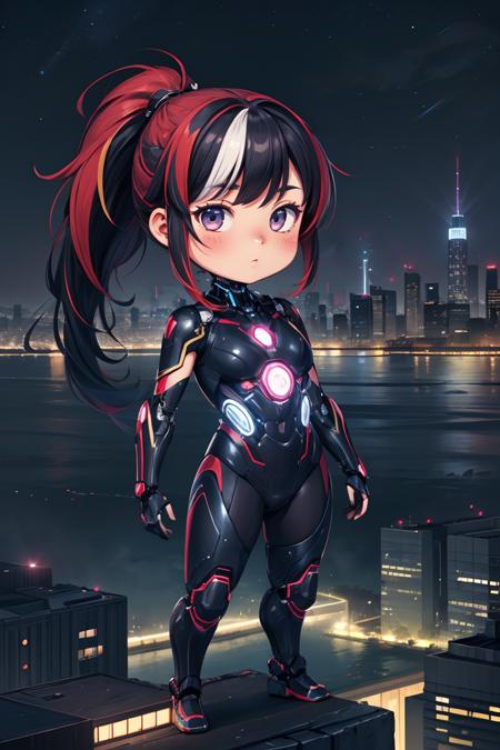 (chibi:1.2),masterpiece,best quality,landscape,1girl,solo,Handsome Girl,Cybernetic suit,ponytail,Long multicolored hair,nightcity,night city,full-length,Evil,<lora:more_details:0.3>,<lora:GoodHands-beta2:1>