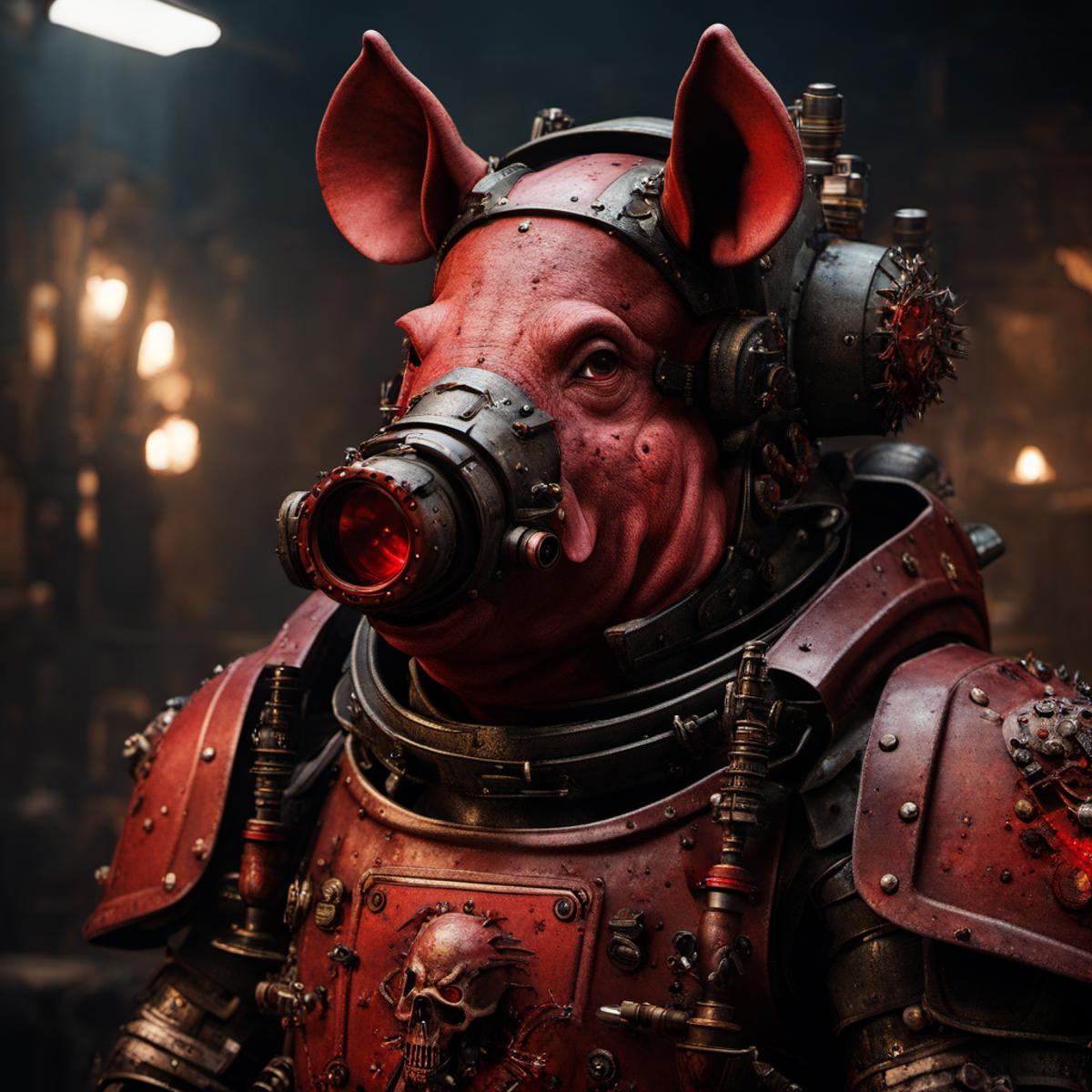 A close-up of a robot wearing a red helmet with a pig's face.