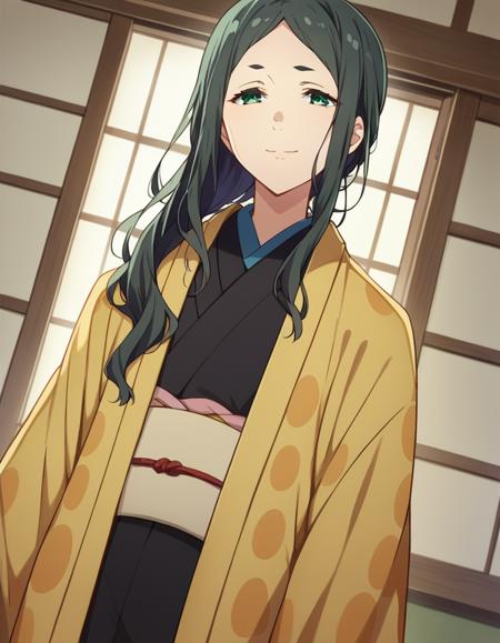 ayaka shindou, long hair, black hair, green eyes, japanese clothes, kimono, sash, obi, haori,