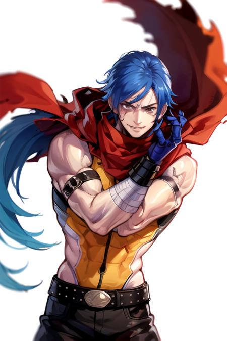 <lora:KrohnenMcdougall-09:0.7> ,k9999, solo, smile, gloves, 1boy, white background, blue hair, male focus, belt, cape, muscular, scar, bandages, manly