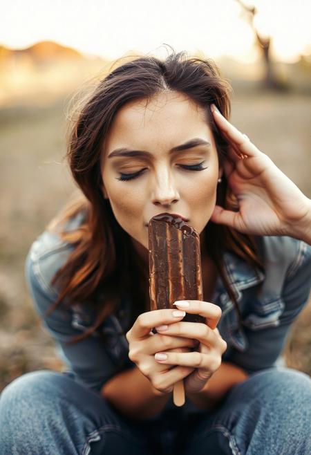 beautiful woman on knees eating a chocolate popsicle, eye closed, head forward, head grab by viewer pulling back of her head forward toward viewer onto popsicle with two hands