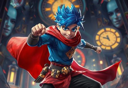 "An epic, full-body digital art image showcases a Dash Warrior in a dynamic pose, ready for action. The warrior's vibrant outfit includes a red cape, blue shirt with a gold emblem, and striking blue hair. The background is a Clockwork Night, providing a contrasting backdrop, handcrafted with precision, is the main focus of the 4K image with sharp lines, brush strokes, and stunning, harmonious colors. The dynamic action pose, captivating lighting, and vivid emotions create a powerful message. This hyper-realistic Octane Render is trending on Artstation, showcasing detailed clothing, eyes, and a joyful impact."