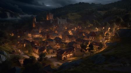 a beautiful complex and detailed medieval european village a foreground a rather dark sky but bright sacred nestled around a mountain range where enormous amounts of golden veins are buried landscape indirect lighting 4k overall brightness volumetric lighting epic composition photorealism ultra hd ultra detailed