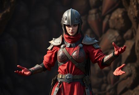 A cinematic octane render of a Rookie Warrior Lady from the video game "Dark Souls", depicted in a uniform shade of red, standing in a dynamic pose with arms outstretched as if ready for battle, centered and the sole focus against a detailed, high-resolution Battlewasp - Nest background. The character wears a helmet with a visor , detailed armor including a chest plate and shoulder pads, and gauntlets. The image is 4K, Exceptional Quality, with More Detail, Lifelike Details, Super Detailed Face and Eyes and Clothes. Handcrafted with Precision, High Quality, Stunning Colors, Impeccable Composition, Creative Angle, Attractive Background, Balanced Editing, Intentional Focus, Well-timed Moment. Captured with Captivating Lighting, rendered in Unreal Engine 5, with a Grammer Effect Style. Trending on ArtstationHQ., very detailed.