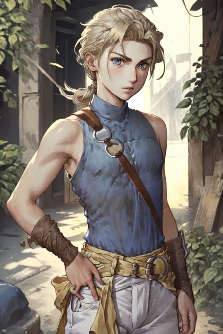 JowyAtreides, blue shirt, white pants, yellow belt, sleeveless,  1boy, solo,   blonde hair, low ponytail,  <lora:JowyAterides_Suikoden2V1.1:1>